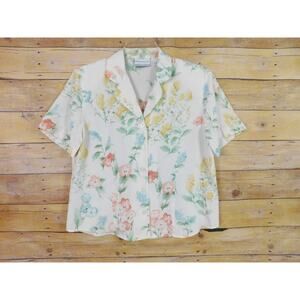 Alfred Dunner Shirt Petite 12P White Yellow Green Flowers Short Sleeve